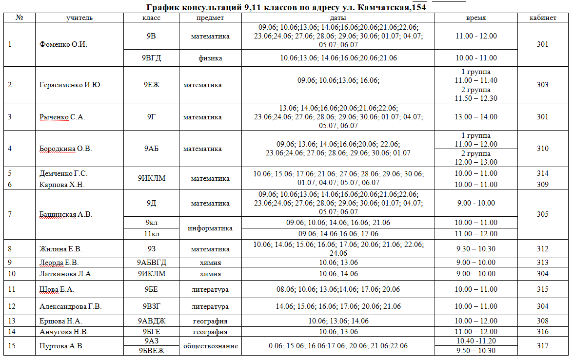 График консультаций образец